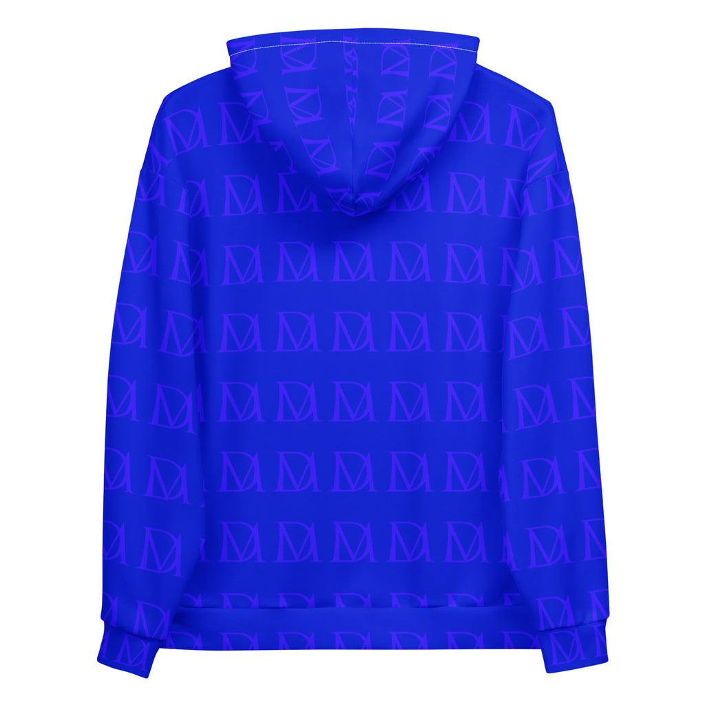 Recycled white unisex hoodie with all-over electrical indigo print by Daemon Luxury, featuring a cozy hood and casual fit.