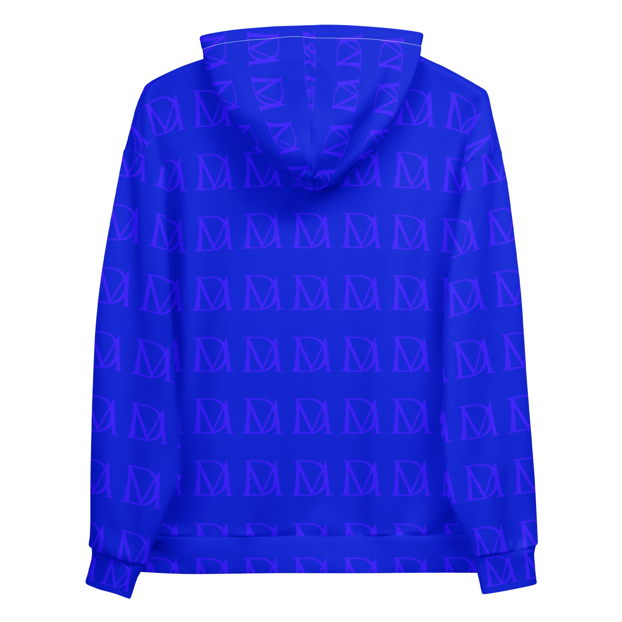 Recycled white unisex hoodie with all-over electrical indigo print by Daemon Luxury, featuring a cozy hood and casual fit.