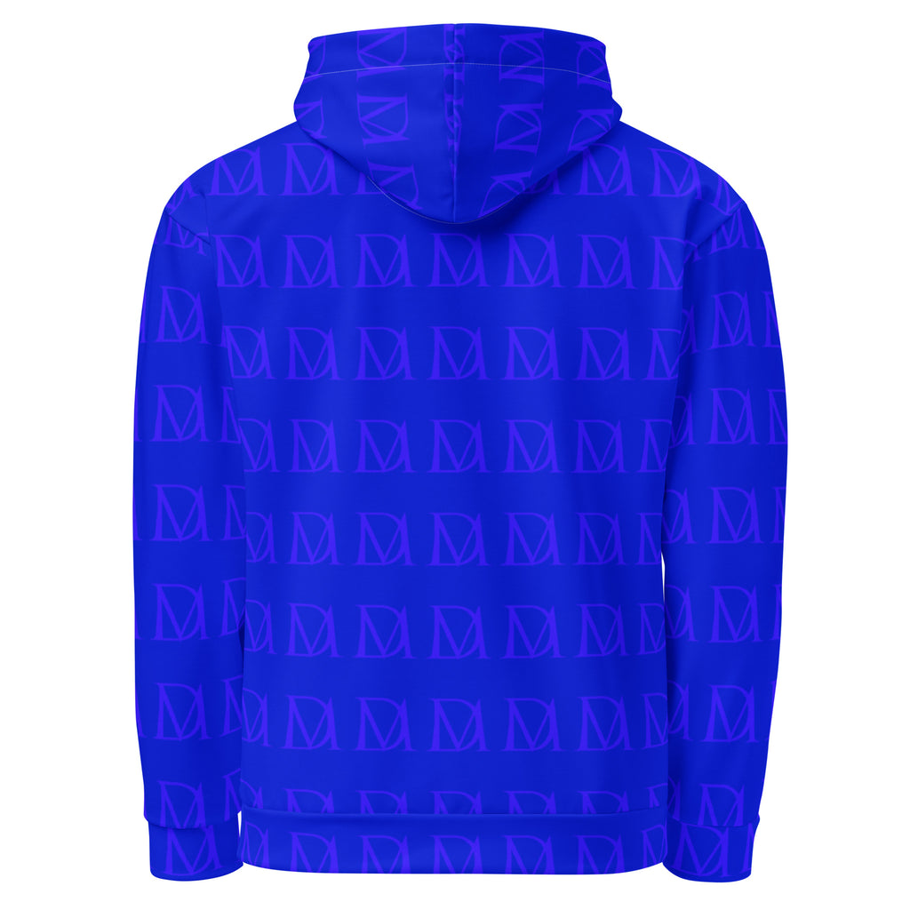 White all-over-print recycled unisex hoodie with electrical indigo design from Daemon Luxury featuring a hood and casual fit.