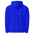 White all-over-print recycled unisex hoodie with electrical indigo design from Daemon Luxury featuring a hood and casual fit.