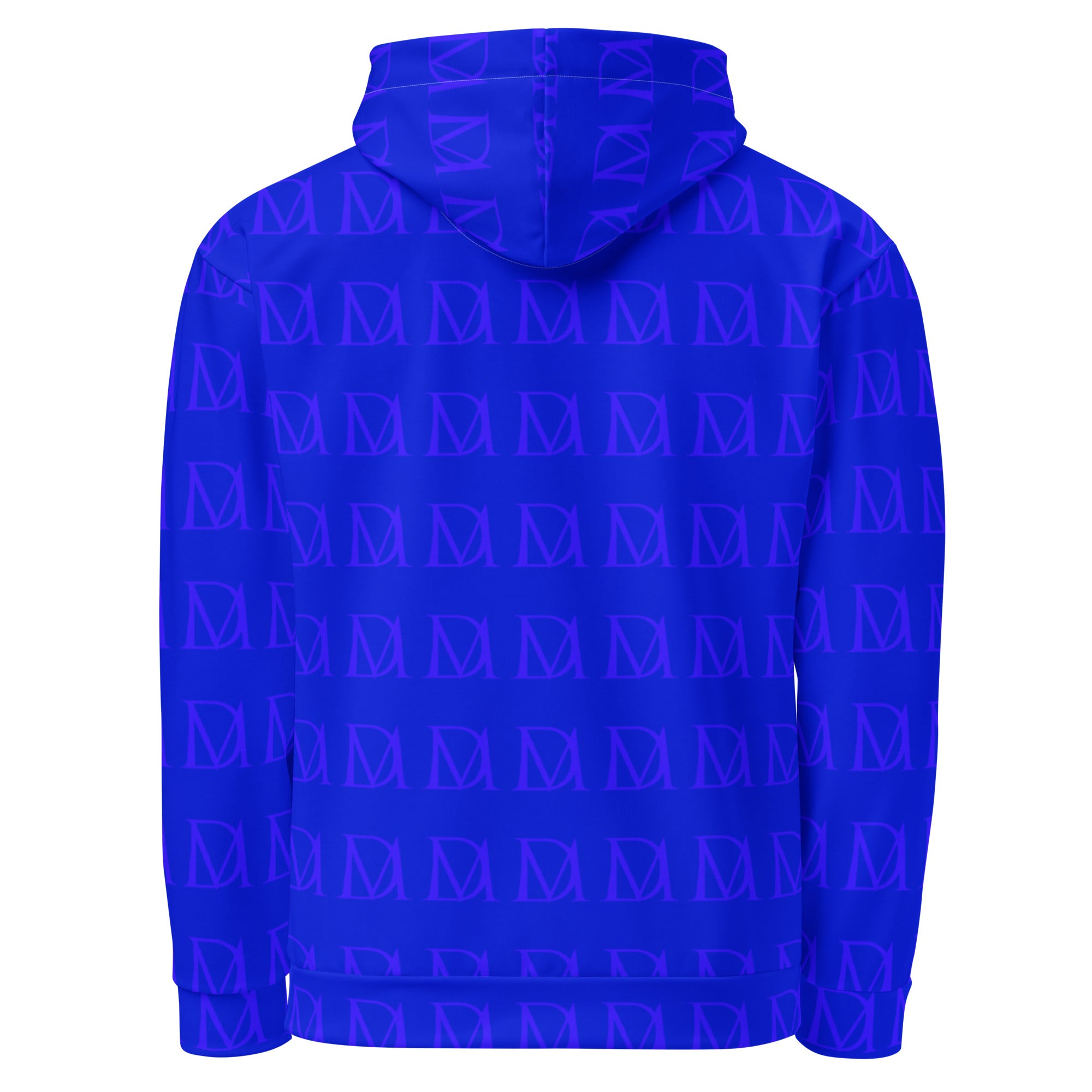 White all-over-print recycled unisex hoodie with electrical indigo design from Daemon Luxury featuring a hood and casual fit.