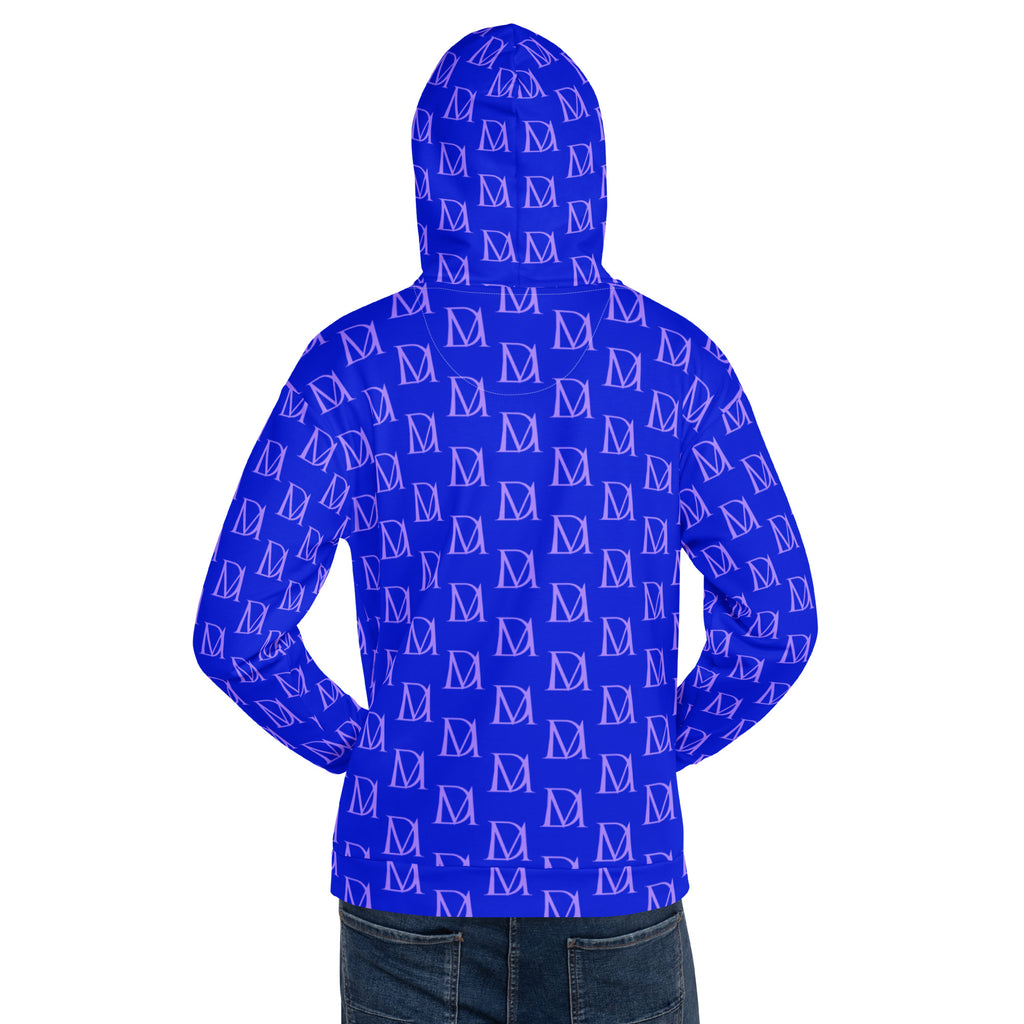 Daemon Luxury ELECTRICA Lilac Relay unisex hoodie with all-over recycled print, white background, casual style, and comfortable fit
