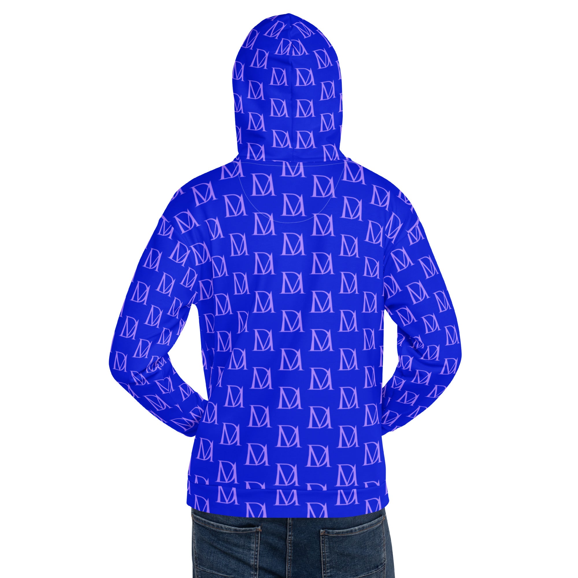 Daemon Luxury ELECTRICA Lilac Relay unisex hoodie with all-over recycled print, white background, casual style, and comfortable fit