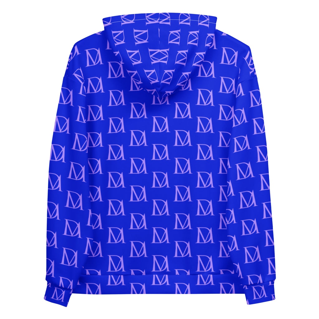 Daemon Luxury ELECTRICA lilac relay unisex hoodie with all-over recycled print, white back, cozy hooded sweatshirt.