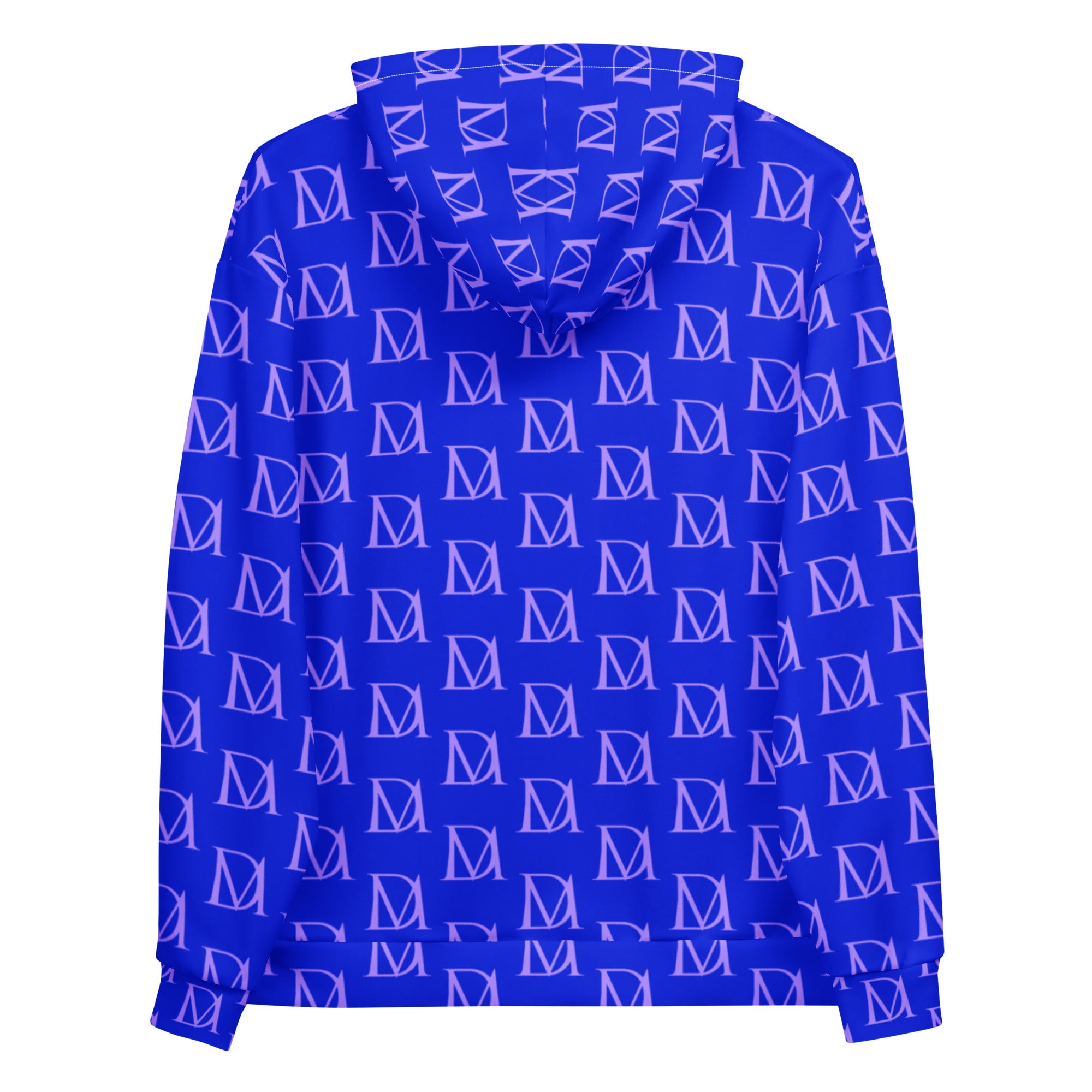 Daemon Luxury ELECTRICA lilac relay unisex hoodie with all-over recycled print, white back, cozy hooded sweatshirt.