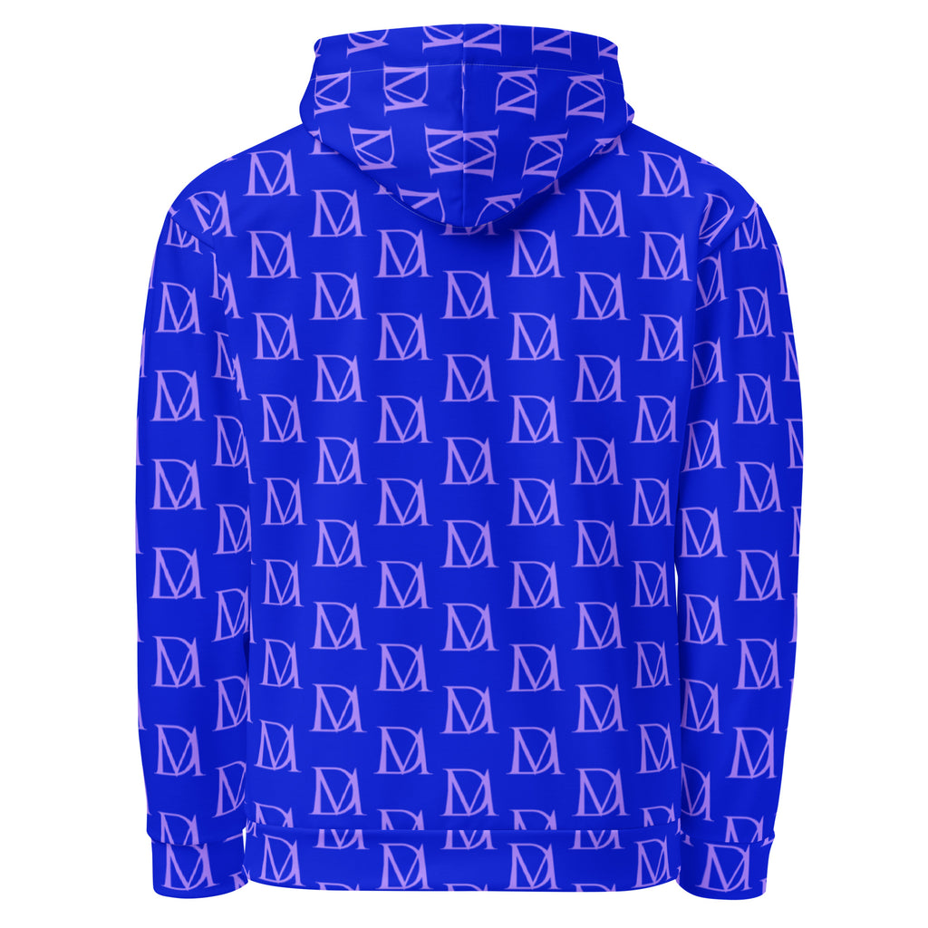Daemon Luxury ELECTRICA Lilac Relay unisex hoodie with all-over recycled print, white background, front view showing hood and design.