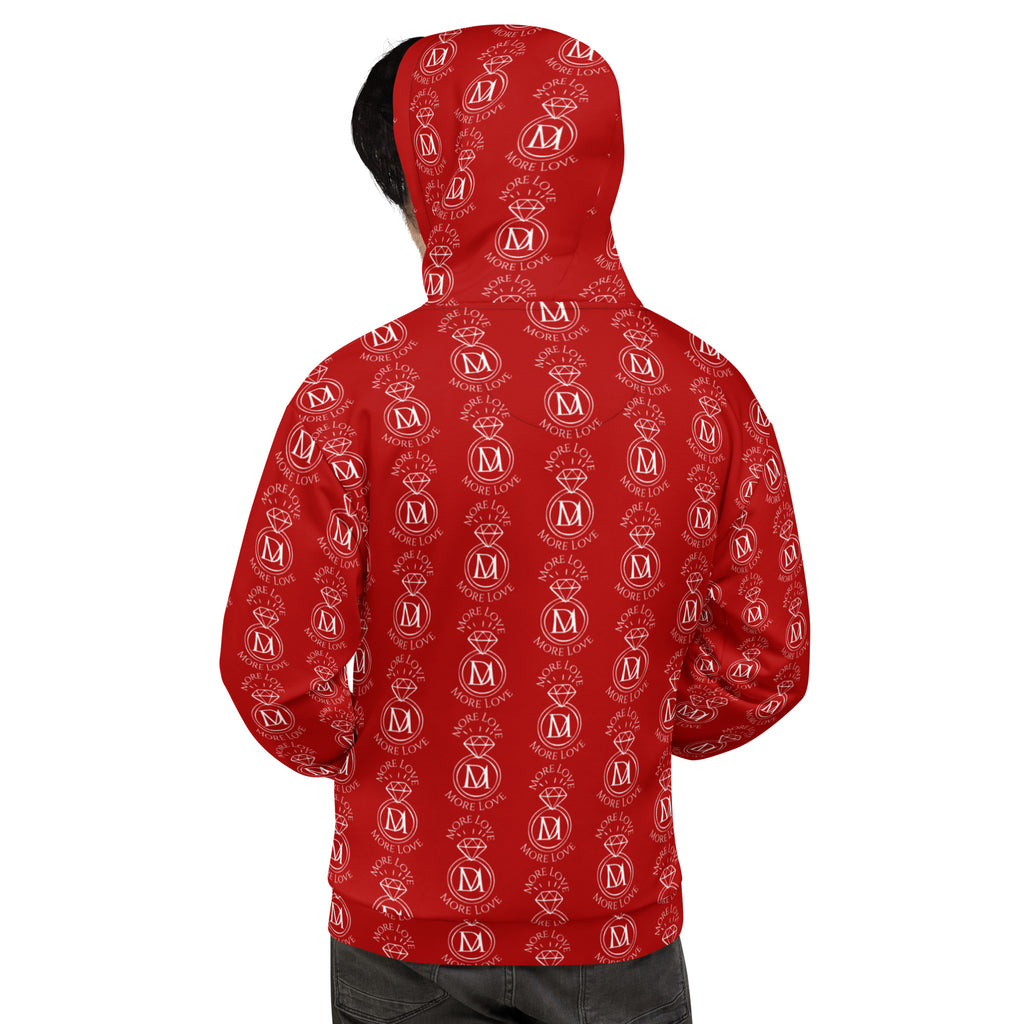 Unisex white hoodie by Daemon Luxury with all-over print design, featuring Supreme Models initial ringers on the front and back.