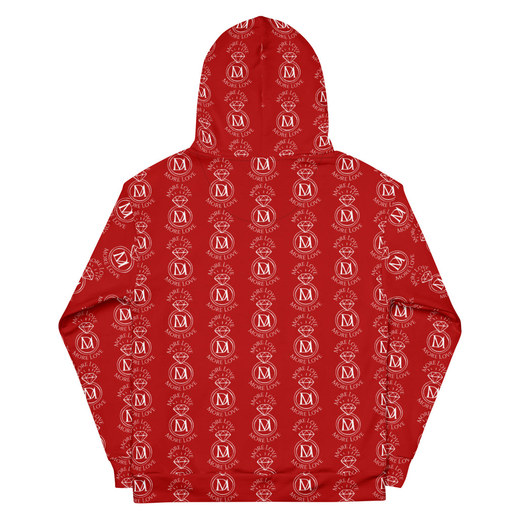 Daemon Luxury SUPREME MODELS Initial Ringers unisex hoodie with all-over recycled print on white background.