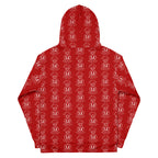 Daemon Luxury SUPREME MODELS Initial Ringers unisex hoodie with all-over recycled print on white background.