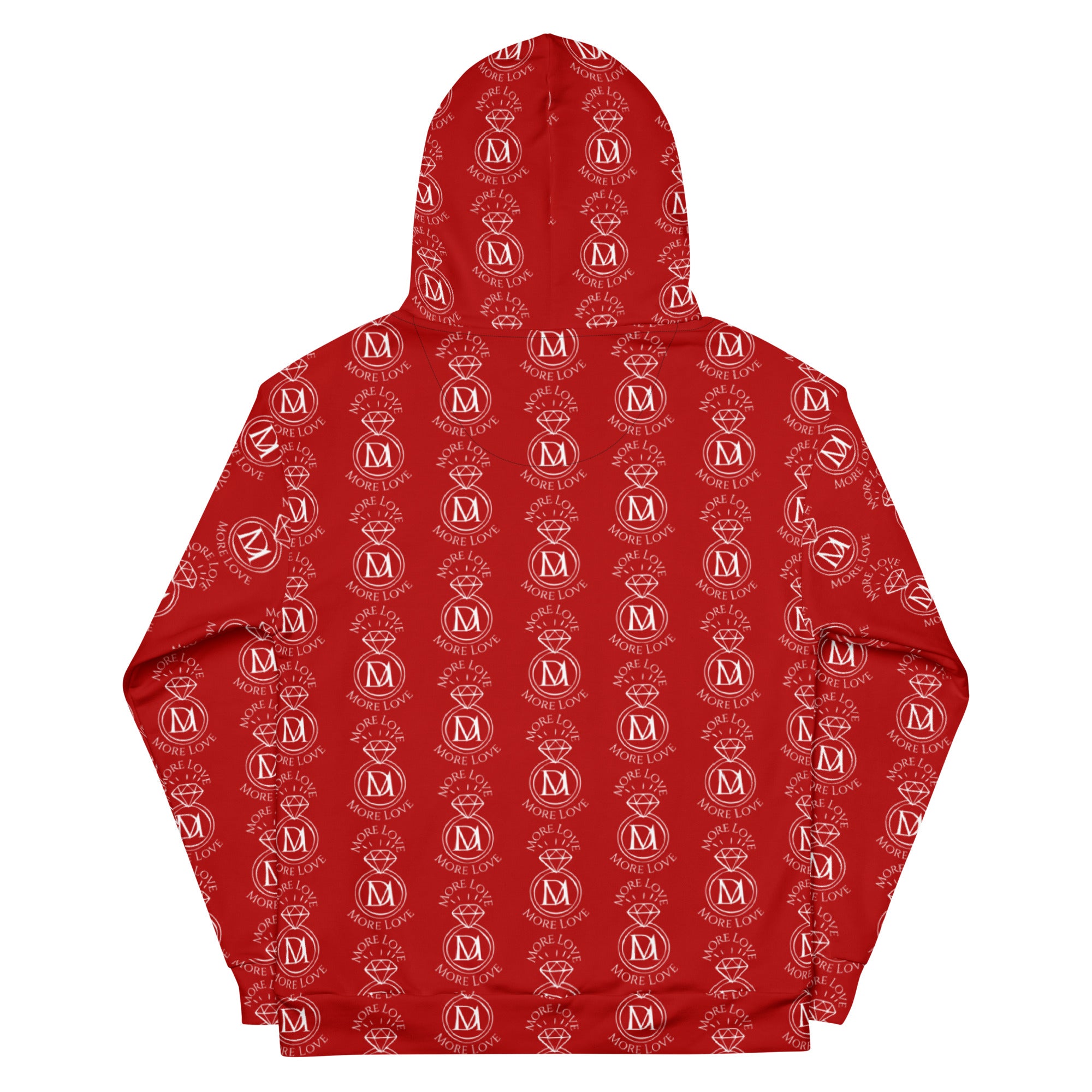 Daemon Luxury SUPREME MODELS Initial Ringers unisex hoodie with all-over recycled print on white background.