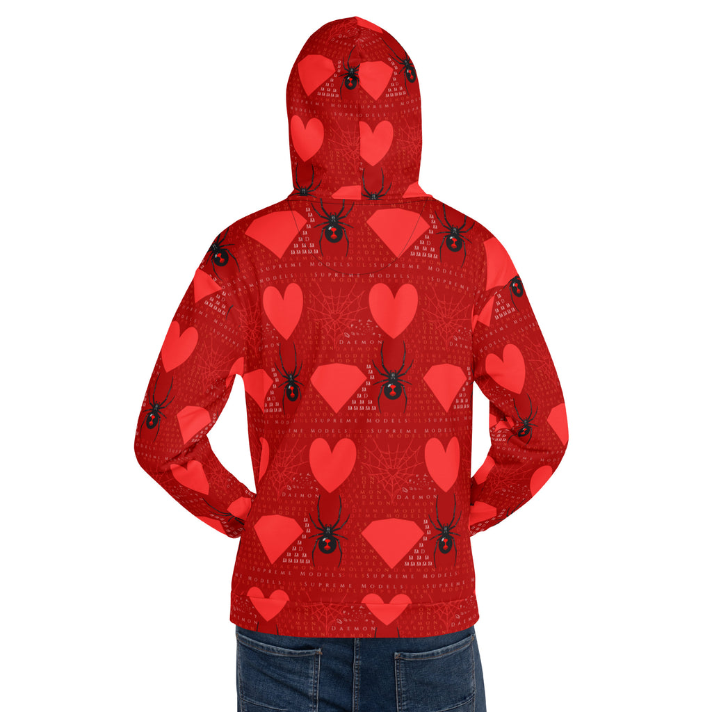Daemon Luxury SUPREME MODELS (Foreigners Luv) unisex hoodie with all-over-print recycled fabric, white background and hood.