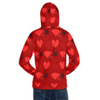 Daemon Luxury SUPREME MODELS (Foreigners Luv) unisex hoodie with all-over-print recycled fabric, white background and hood.