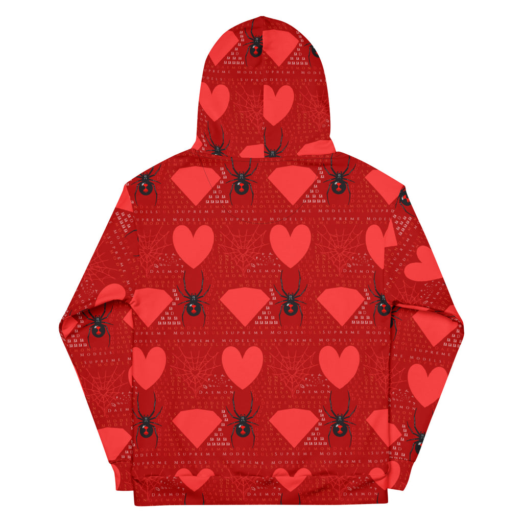 White Daemon Luxury Supreme Models hoodie with all-over print featuring foreigners luv design, unisex recycled fabric.
