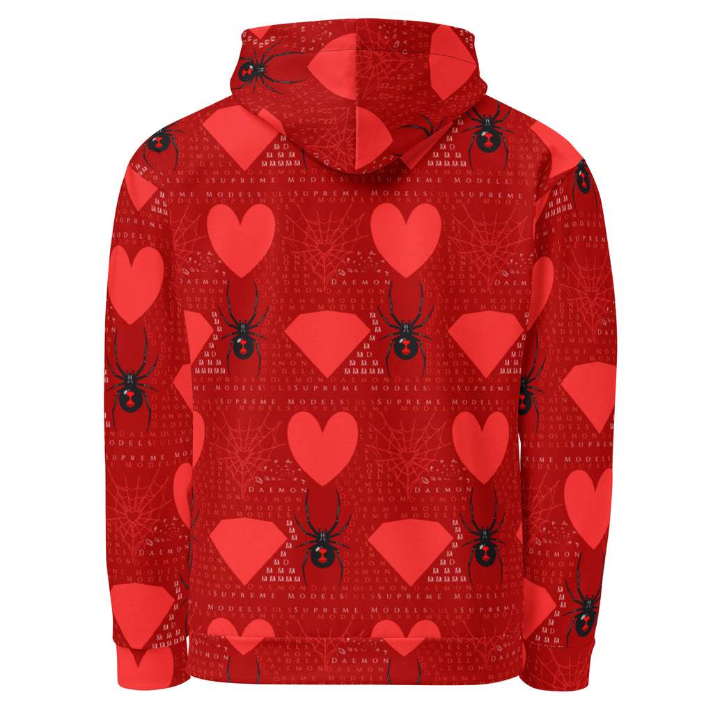 White Daemon Luxury Supreme Models "Foreigners Luv" unisex hoodie with all-over print and recycled fabric, back view.