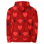White Daemon Luxury Supreme Models "Foreigners Luv" unisex hoodie with all-over print and recycled fabric, back view.