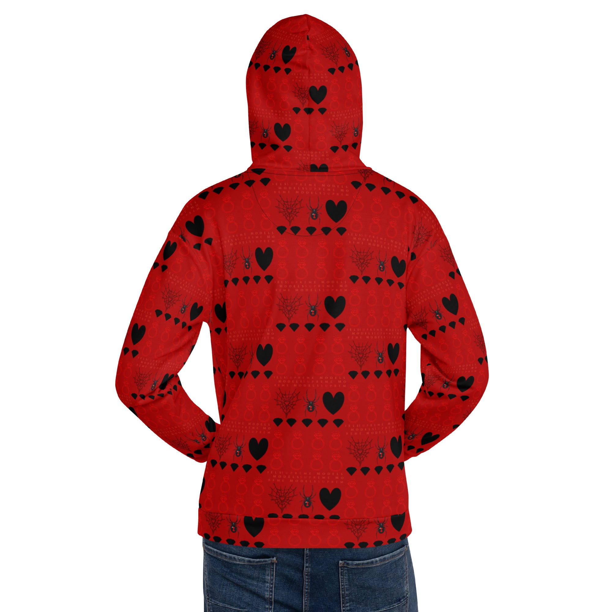 Recycled white unisex hoodie featuring all-over print from Daemon Luxury's Supreme Models More Less Love II collection, back view.