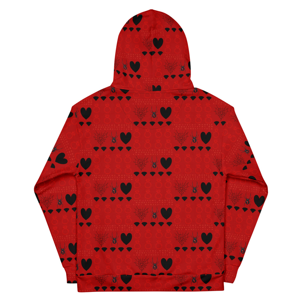 Daemon Luxury Supreme Models More Less Love II recycled unisex white hoodie with all-over print and hood, back view.