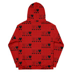 Daemon Luxury Supreme Models More Less Love II recycled unisex white hoodie with all-over print and hood, back view.