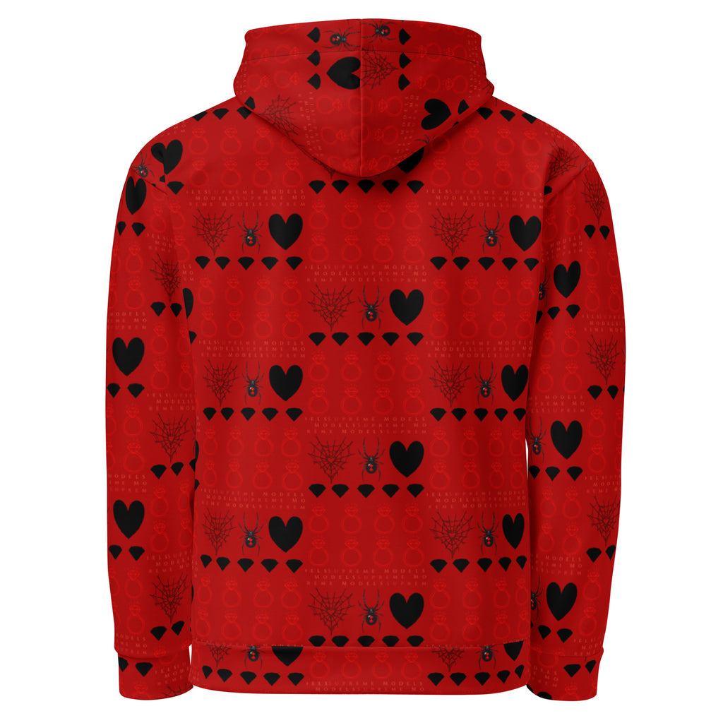 Unisex white hoodie with all-over print from Daemon Luxury's Supreme Models More Less Love II collection, featuring a hood and graphic design.