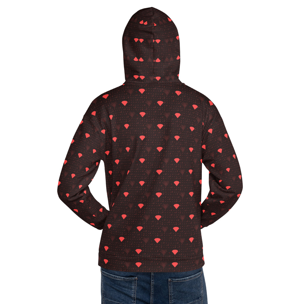 Daemon Luxury Supreme Models Webbi Dainin white recycled unisex hoodie with all-over print and hood, front and back views.
