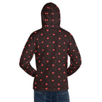 Daemon Luxury Supreme Models Webbi Dainin white recycled unisex hoodie with all-over print and hood, front and back views.