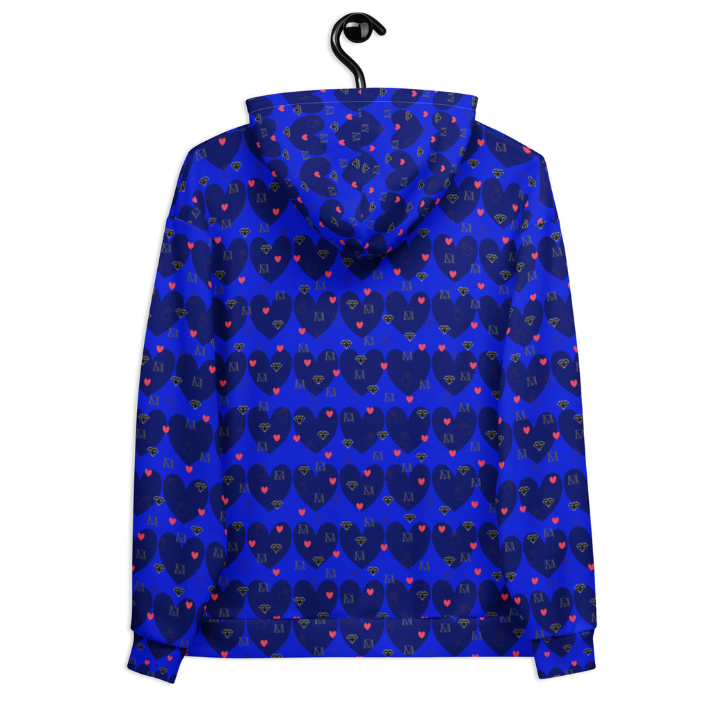 Daemon Luxury Electrica Heartfelt Spree unisex hoodie with all-over recycled print, white background, front view.