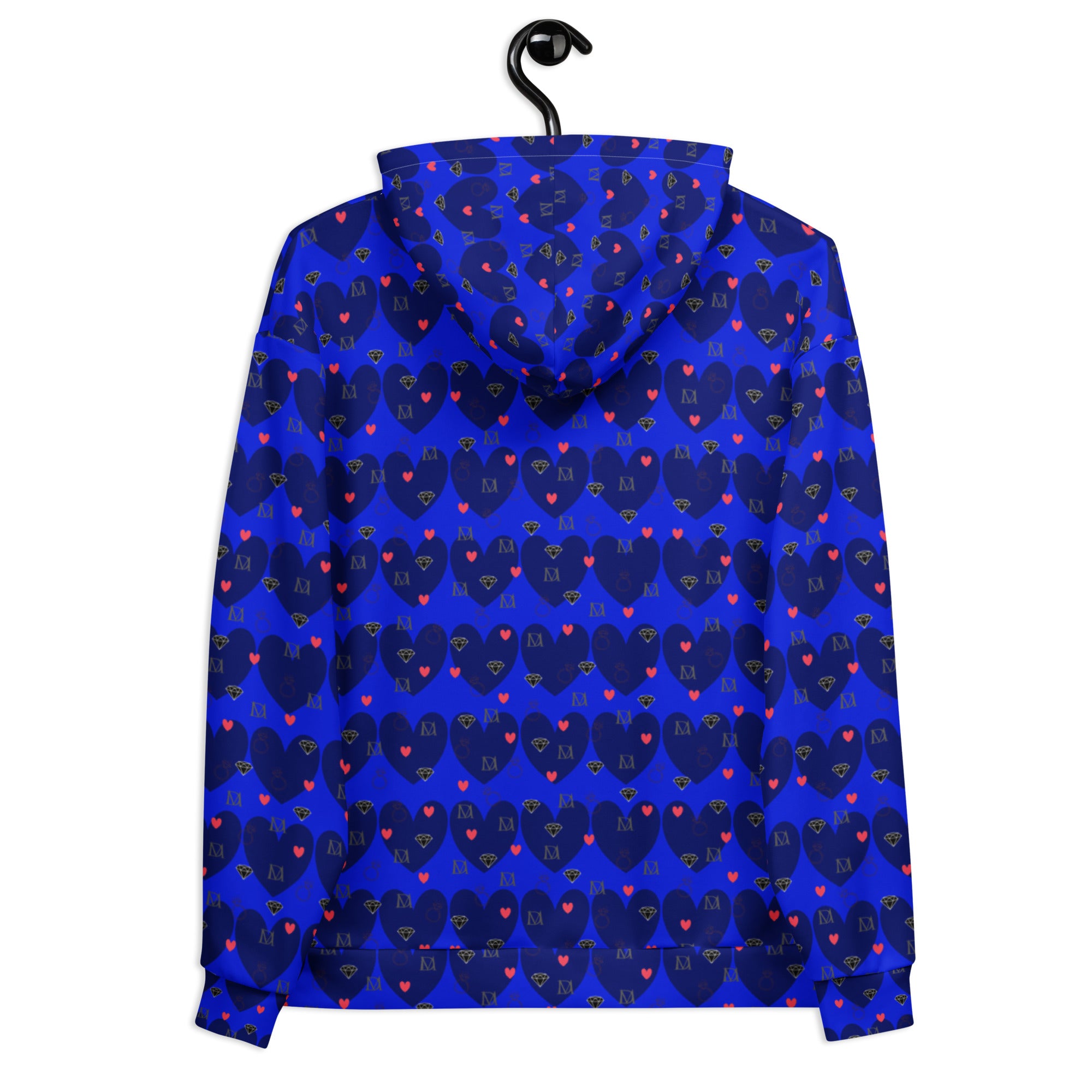 Daemon Luxury Electrica Heartfelt Spree unisex hoodie with all-over recycled print, white background, front view.