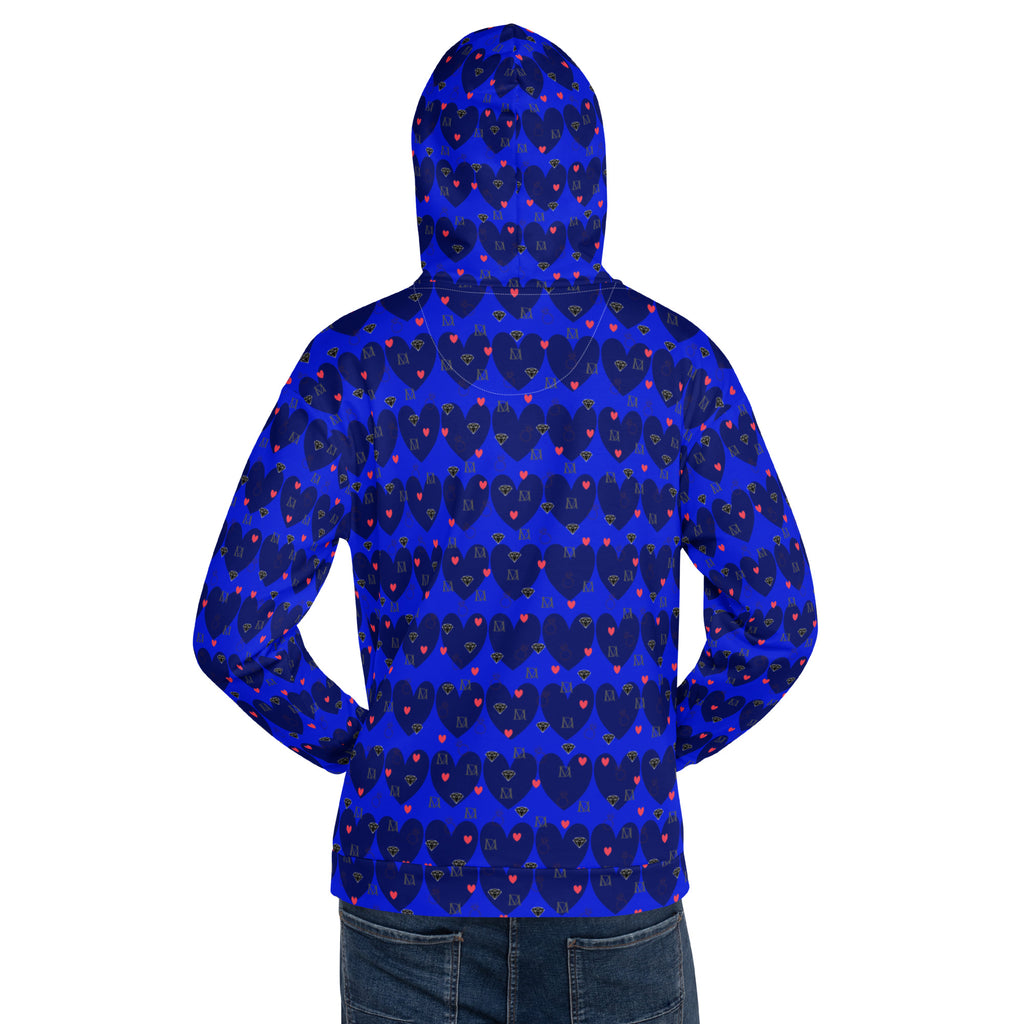 Daemon Luxury ELECTRICA Heartfelt Spree unisex hoodie with all-over recycled print, white background, front view