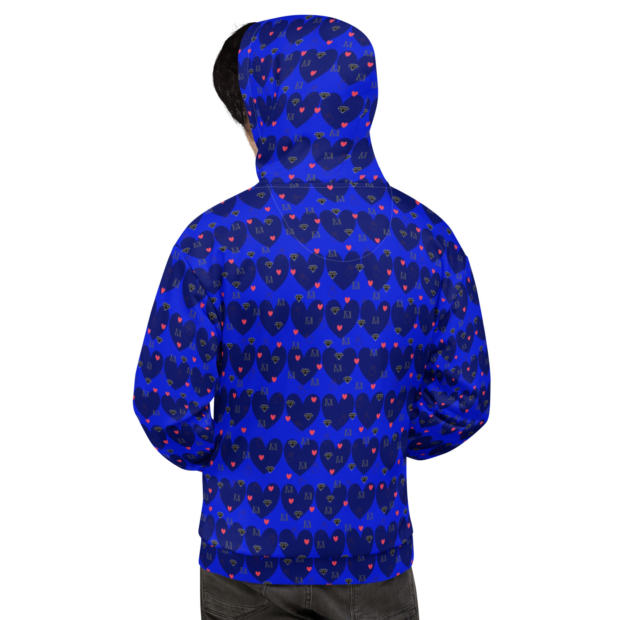 Recycled white unisex hoodie with all-over heartful print from Daemon Luxury's ELECTRICA Felpa Cappuccio collection.