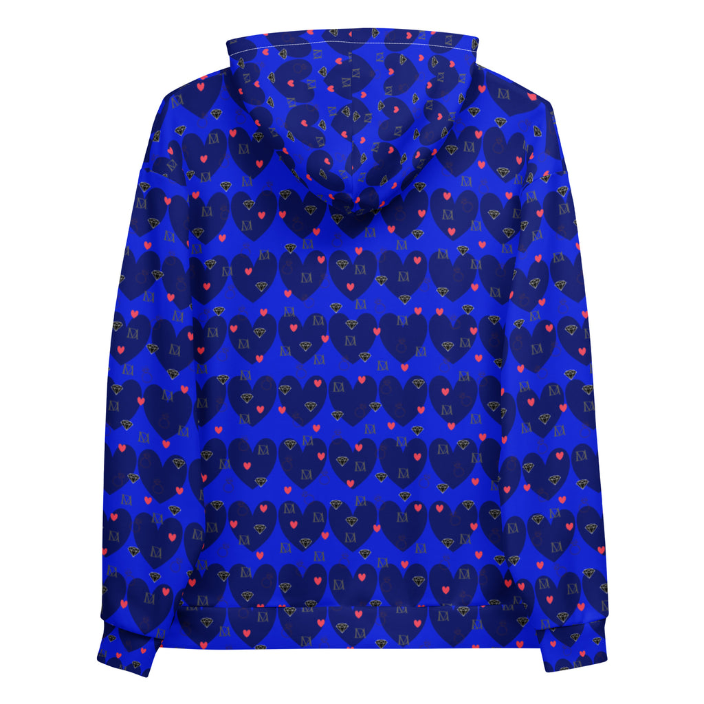 Unisex white recycled hoodie with all-over electric heart print by Daemon Luxury, featuring a hood and front pocket.