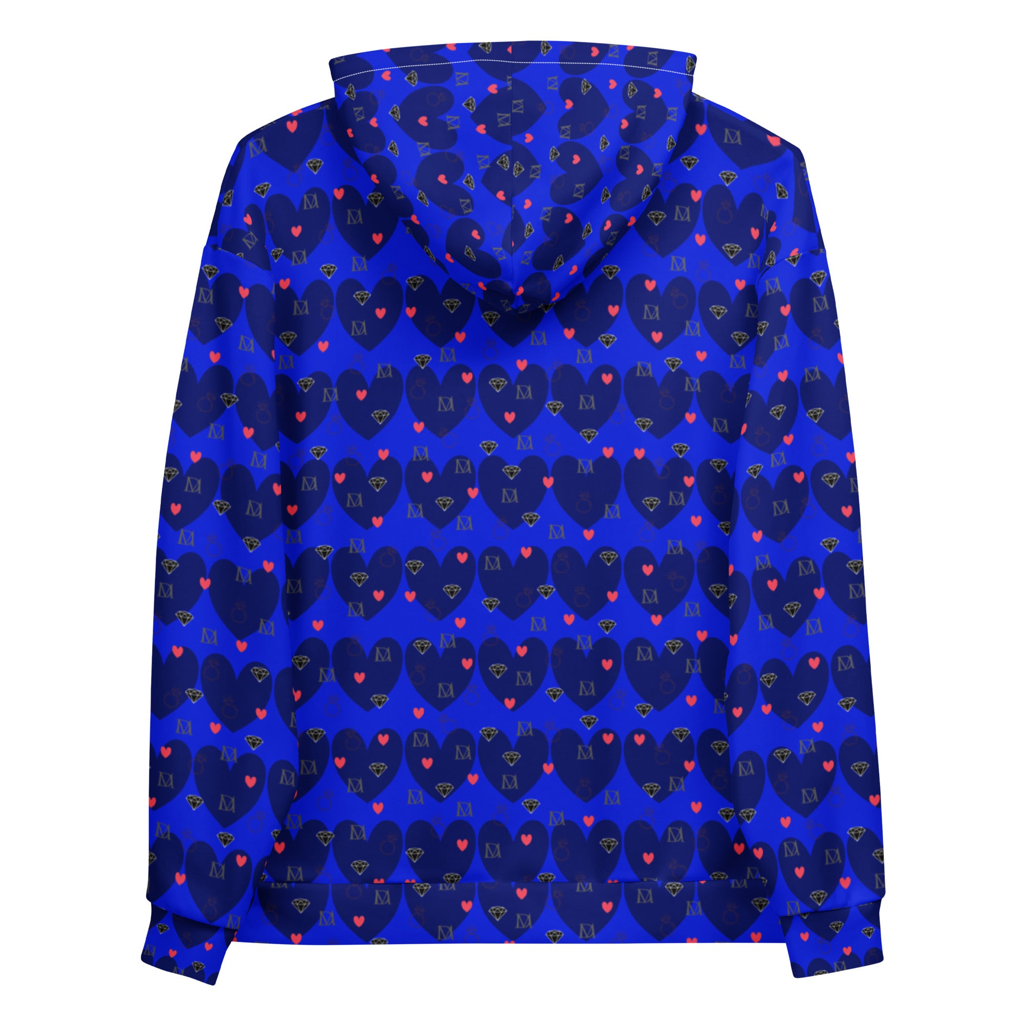 Unisex white recycled hoodie with all-over electric heart print by Daemon Luxury, featuring a hood and front pocket.