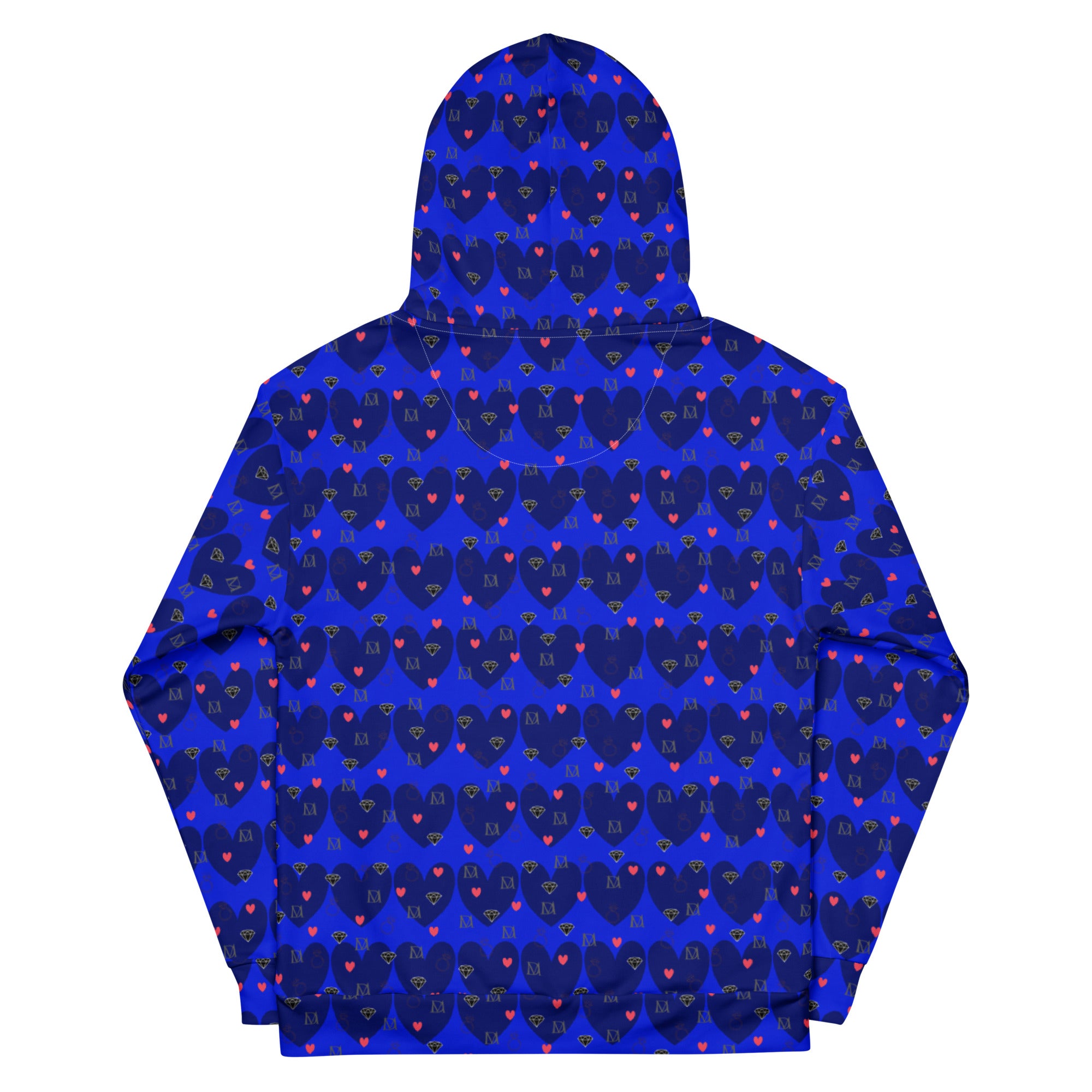 Daemon Luxury ELECTRICA Heartfelt Spree unisex recycled hoodie with all-over white print and cozy hood, front and back views.