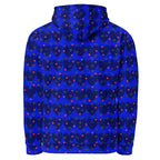 White unisex hoodie by Daemon Luxury featuring all-over heart-themed recycled print on the back.