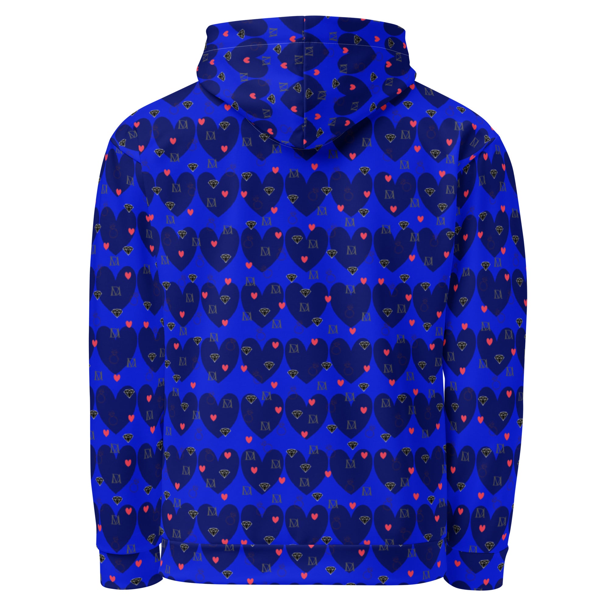 White unisex hoodie by Daemon Luxury featuring all-over heart-themed recycled print on the back.