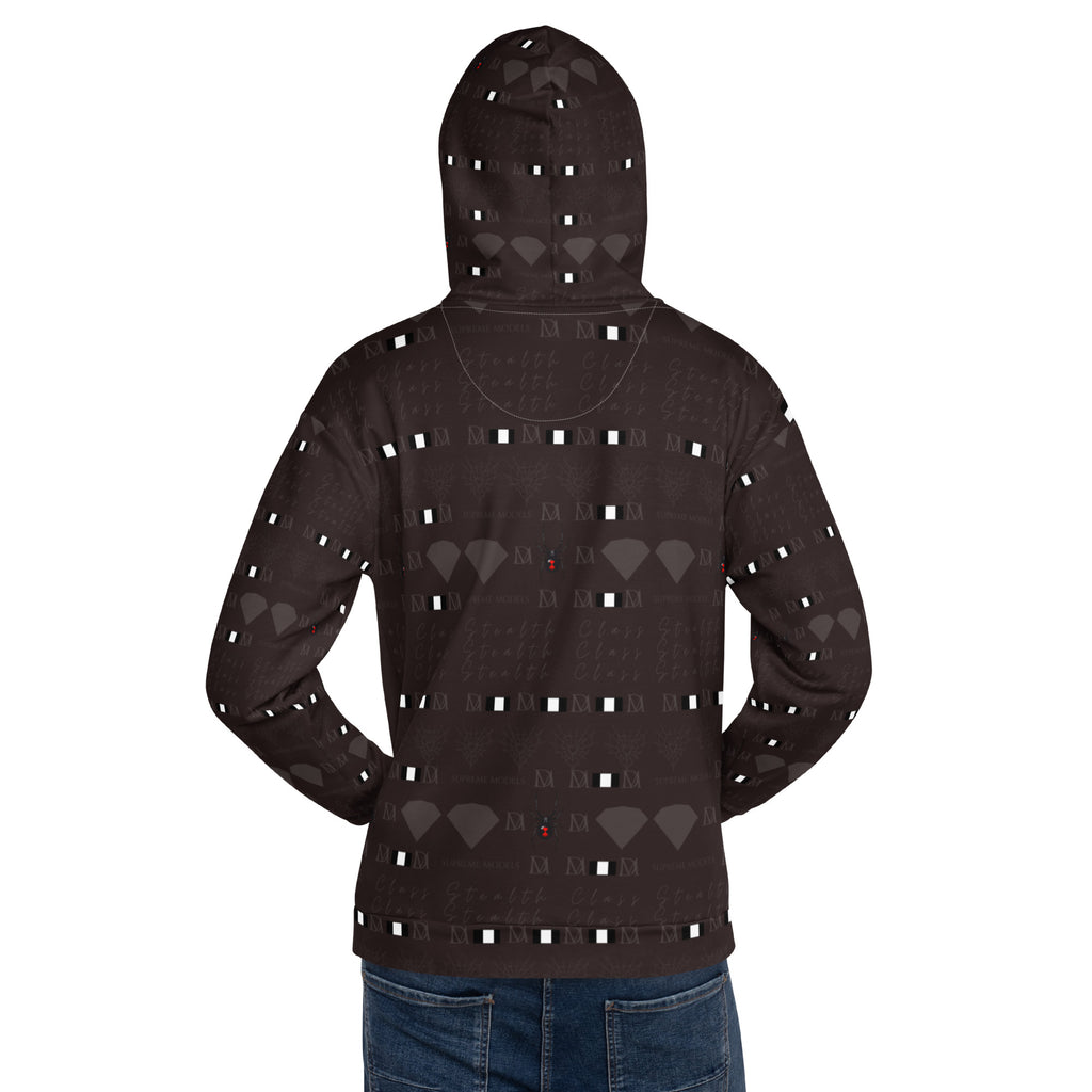 Daemon Luxury Supreme Models Lazey Hazey recycled unisex hoodie with all-over white print and hood, front and back view.