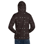 Daemon Luxury Supreme Models Lazey Hazey recycled unisex hoodie with all-over white print and hood, front and back view.