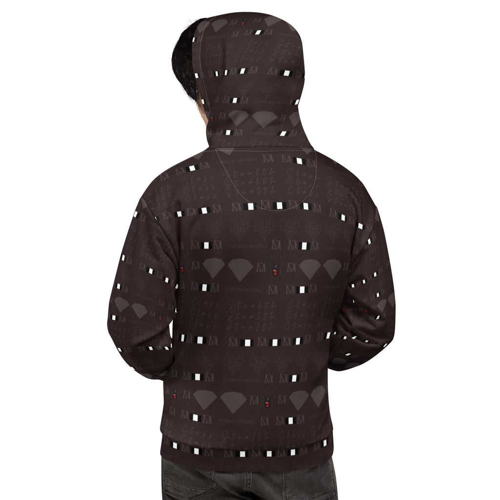 Daemon Luxury Supreme Models Lazey Hazey unisex hoodie with all-over recycled print and white back design.