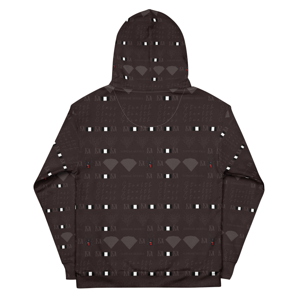 Daemon Luxury Supreme Models Lazey Hazey unisex white recycled hoodie with all-over print, featuring a stylish casual design.