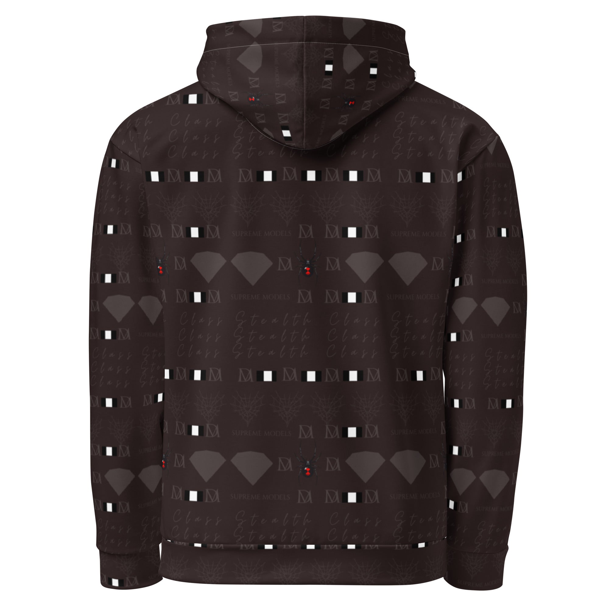 Recycled white unisex hoodie with all-over print featuring Supreme Models Lazey Hazey logo, by Daemon Luxury.