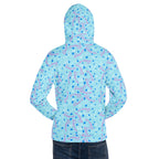 Unisex white recycled hoodie with Picasso mirrors all-over print and hood, by Daemon Luxury, displayed from the back.