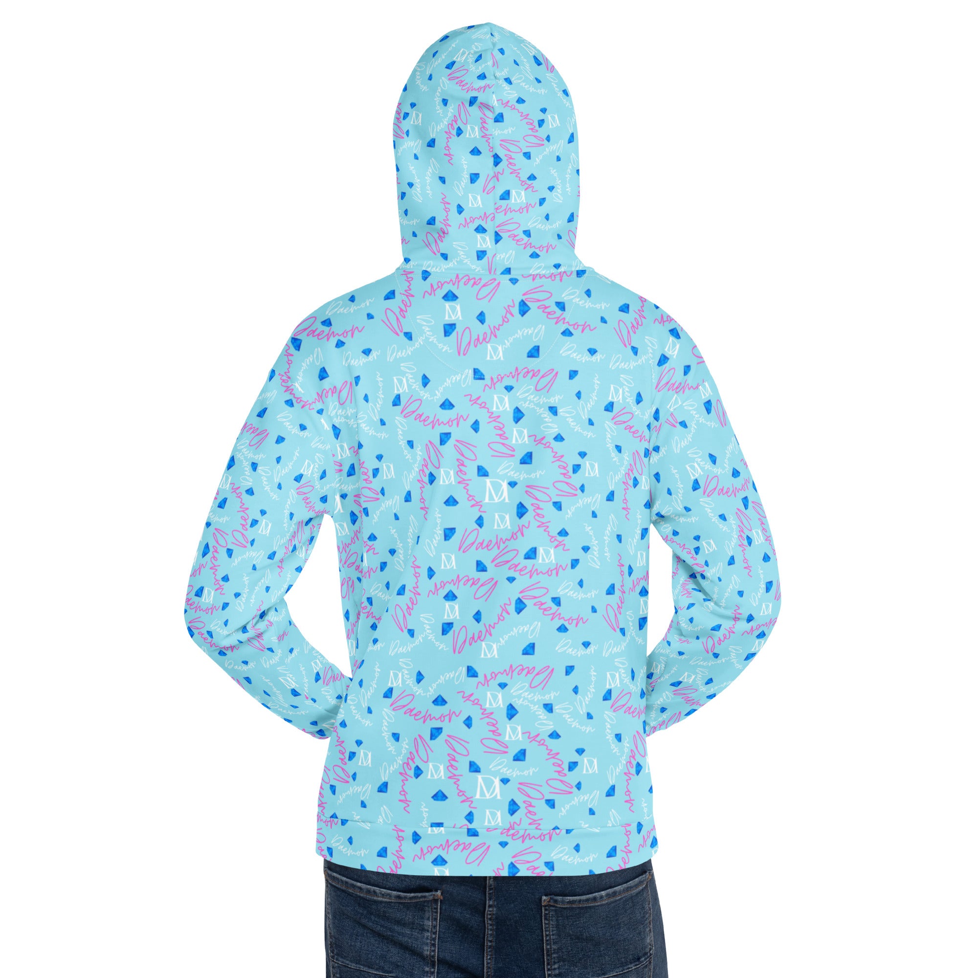 Unisex white recycled hoodie with Picasso mirrors all-over print and hood, by Daemon Luxury, displayed from the back.