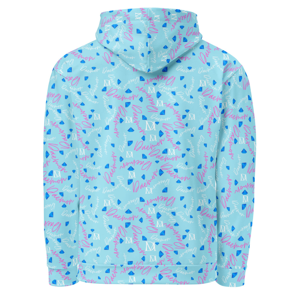 Recycled white unisex hoodie with Picasso Mirrors (Solid Lakes) all-over print by Daemon Luxury, front view showing hood and design.