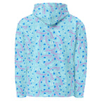 Recycled white unisex hoodie with Picasso Mirrors (Solid Lakes) all-over print by Daemon Luxury, front view showing hood and design.