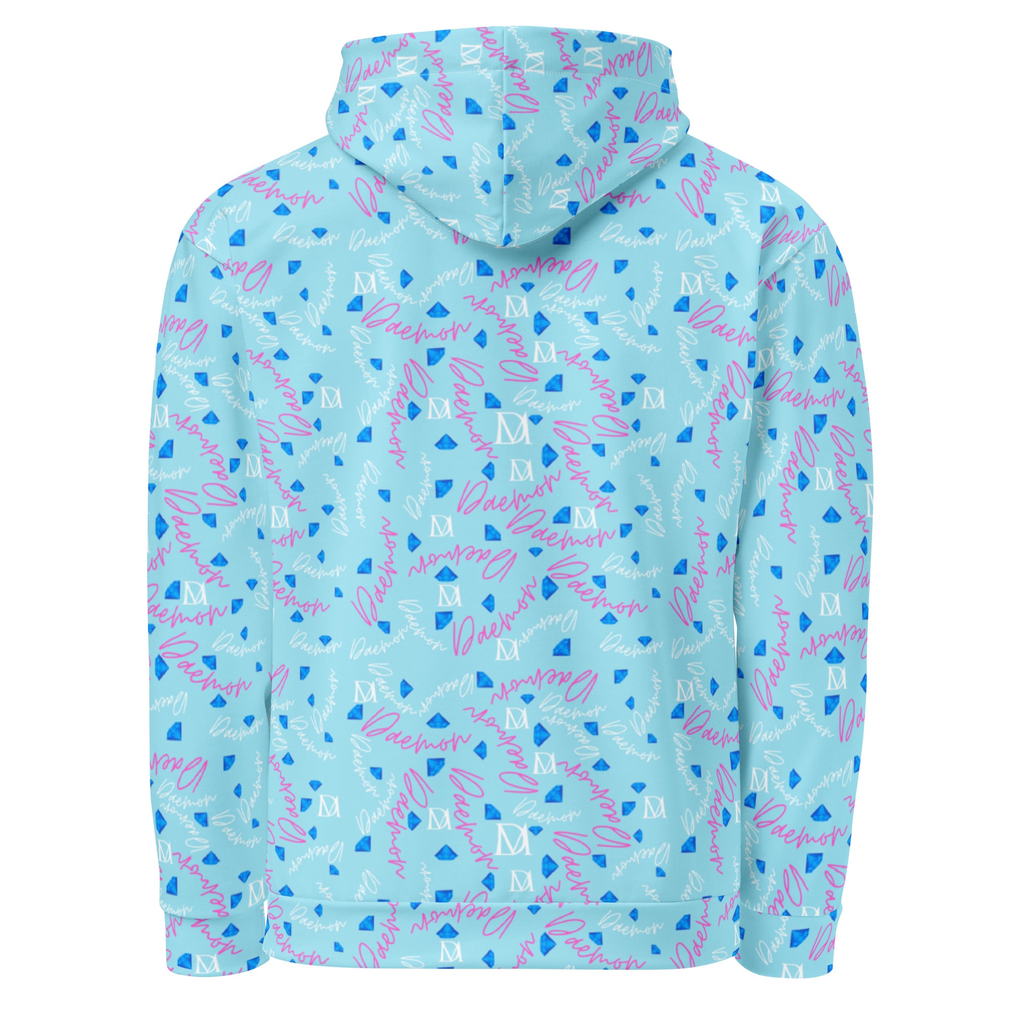 Recycled white unisex hoodie with Picasso Mirrors (Solid Lakes) all-over print by Daemon Luxury, front view showing hood and design.
