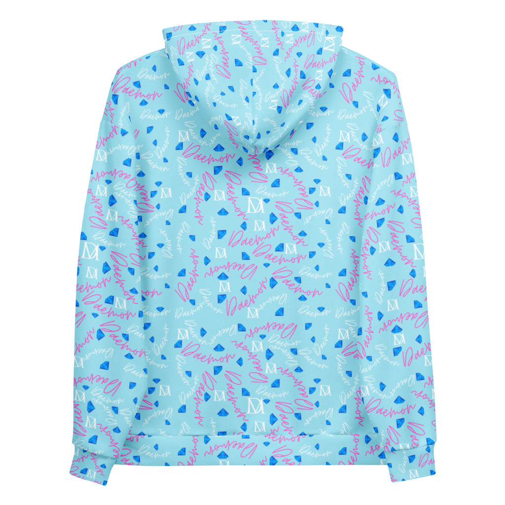 Recycled white unisex hoodie with Picasso-inspired lakes print, featuring a front pocket and adjustable hood by Daemon Luxury.
