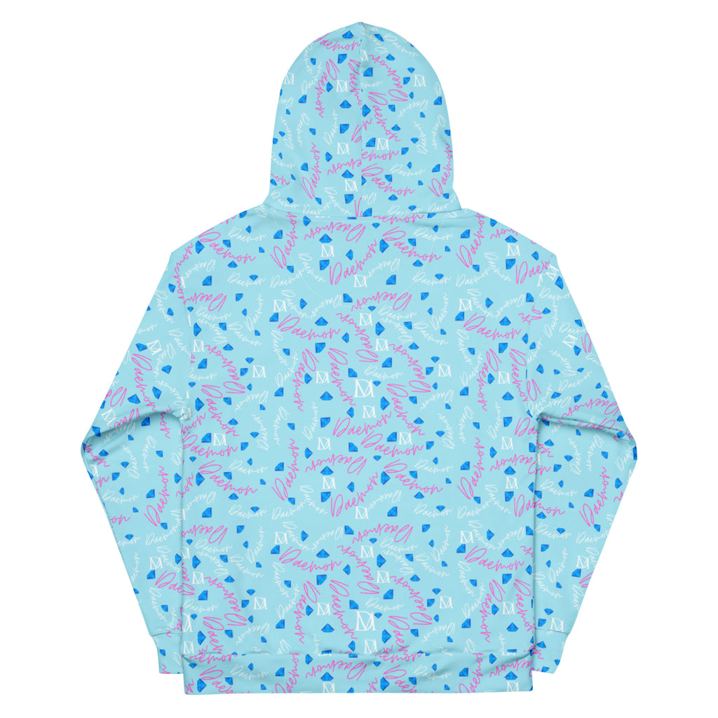 Daemon Luxury Picasso Mirrors solid lakes unisex hoodie with all-over recycled print, white background, front view.