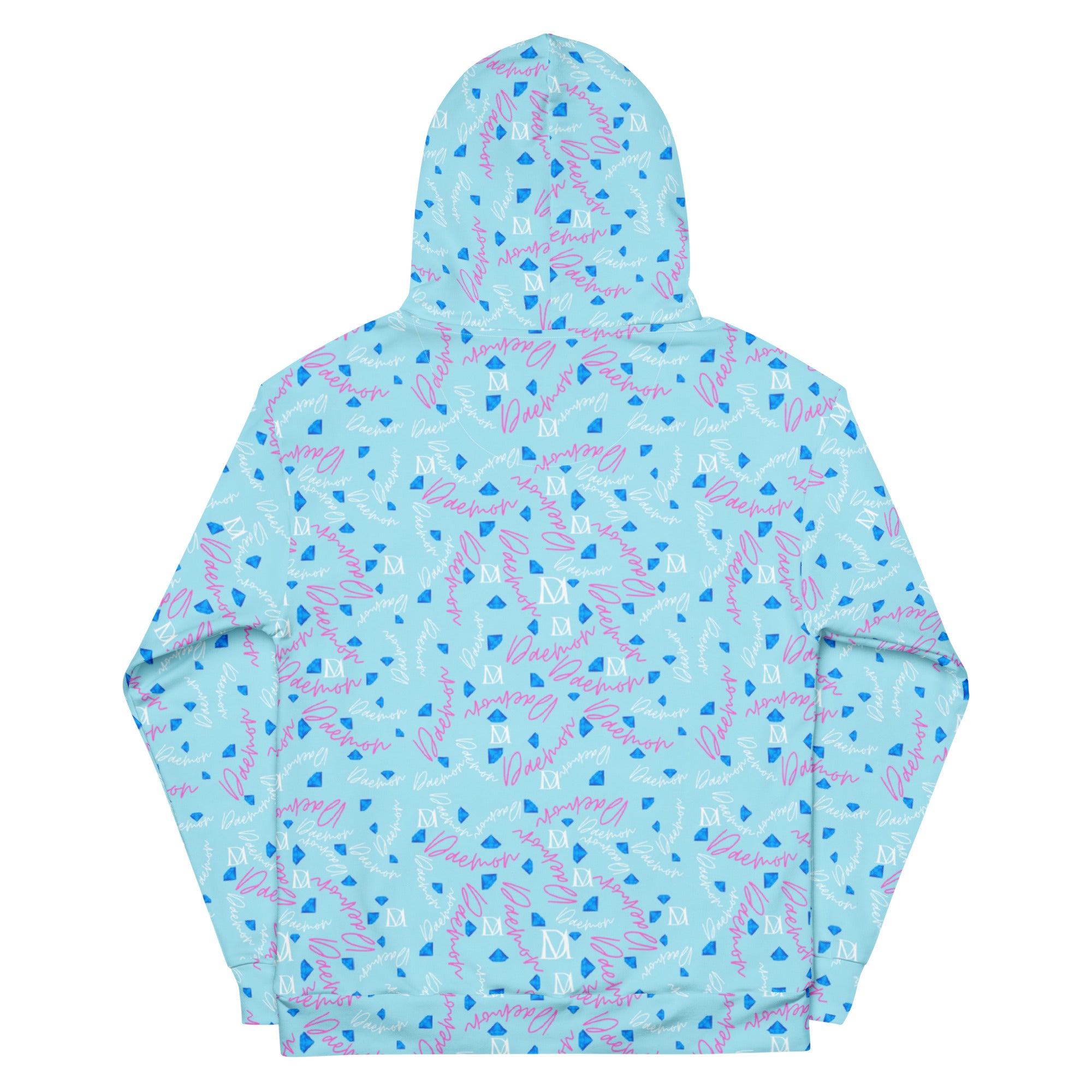 Daemon Luxury Picasso Mirrors solid lakes unisex hoodie with all-over recycled print, white background, front view.
