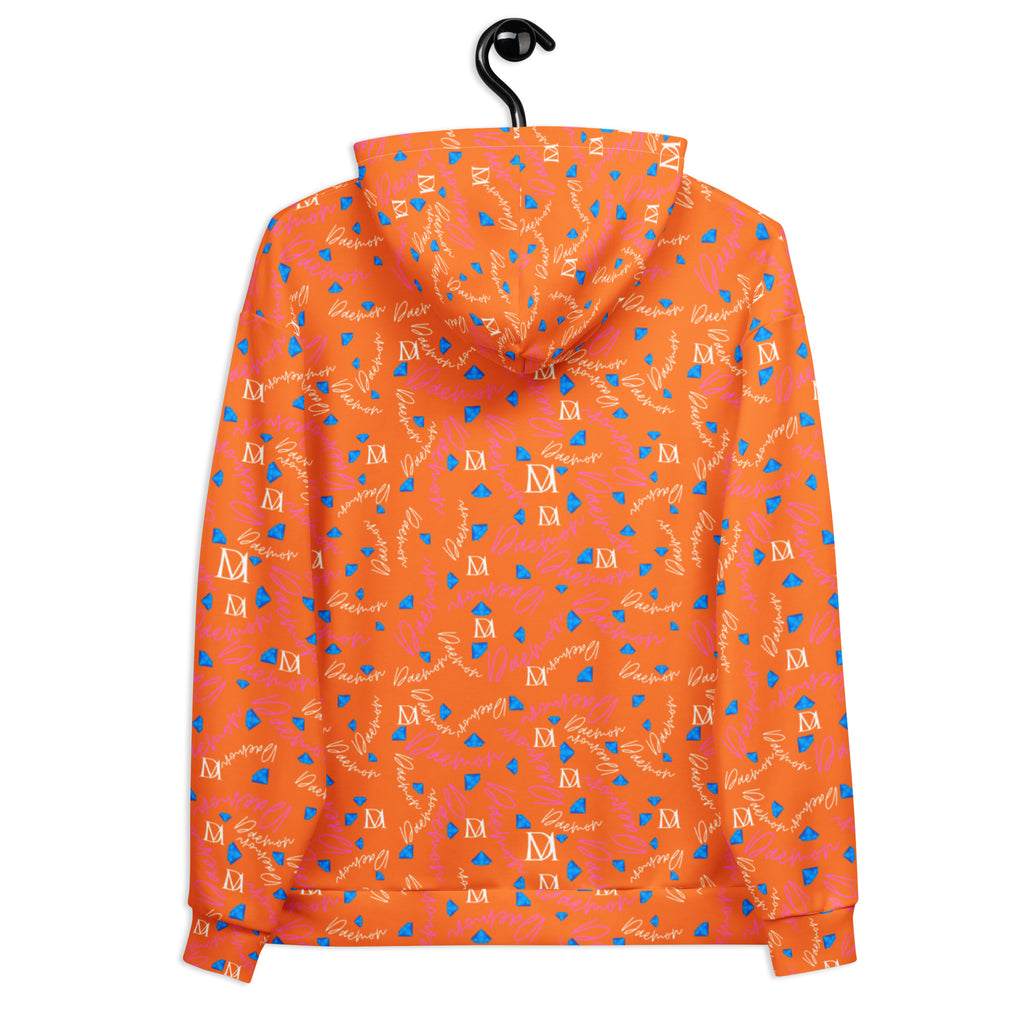 Recycled white unisex hoodie featuring Picasso Mirrors Rays Crush all-over print by Daemon Luxury, with a front and back design.