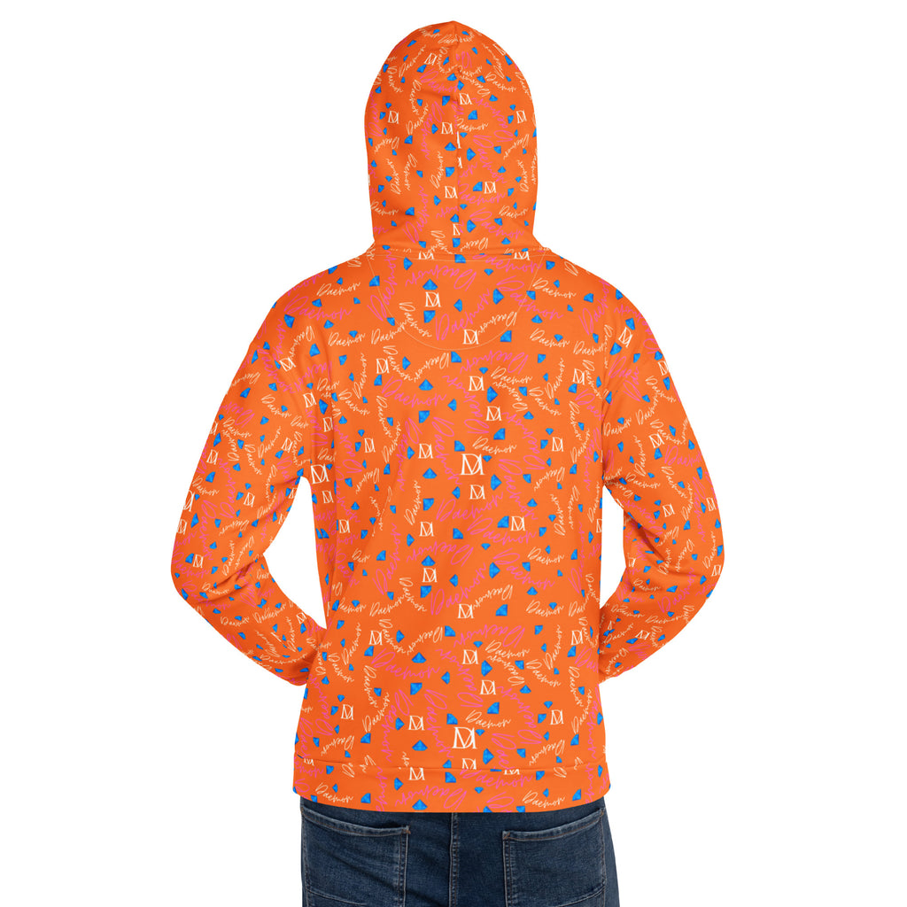 Recycled white unisex hoodie featuring Picasso Mirrors Rays Crush all-over print by Daemon Luxury, with a front and back design.