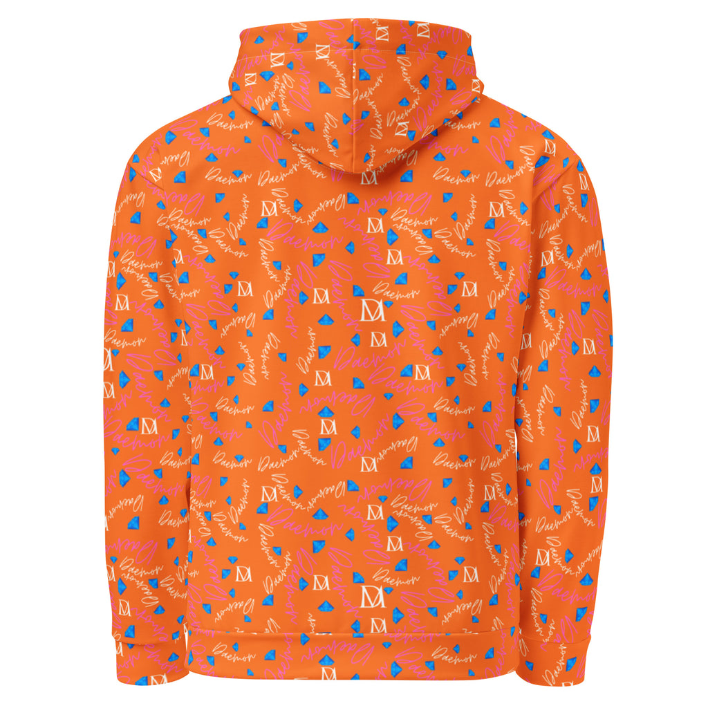 Daemon Luxury Picasso Mirros Rays Crush unisex recycled hoodie with all-over white print and hood, casual streetwear style.